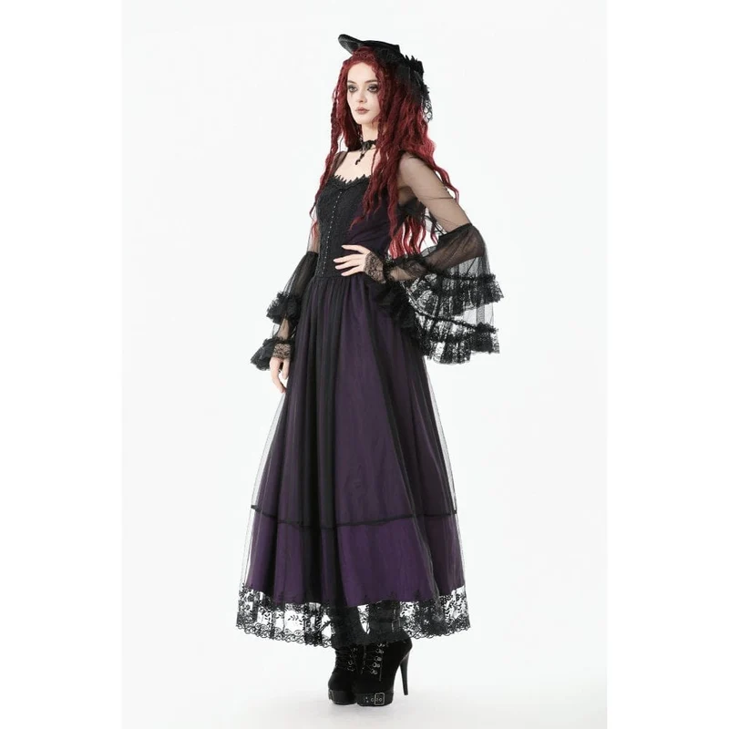 Gothic-Maxikleid für Damen, violett, mit eckigem Kragen und ausgestellten Ärmeln, Hochzeitskleid