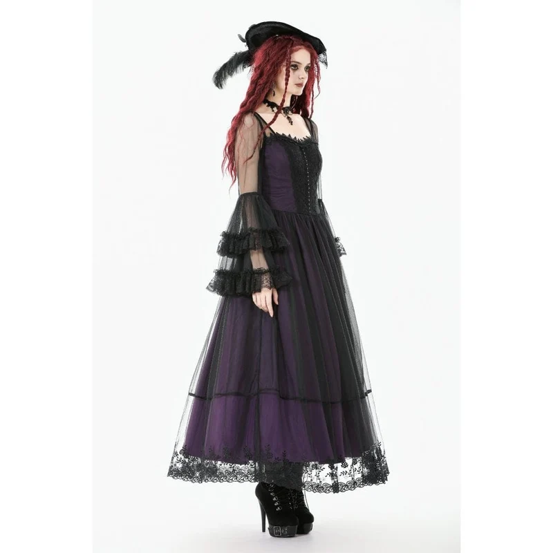 Gothic-Maxikleid für Damen, violett, mit eckigem Kragen und ausgestellten Ärmeln, Hochzeitskleid