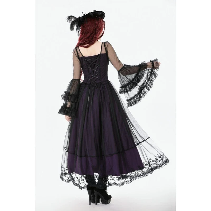 Gothic-Maxikleid für Damen, violett, mit eckigem Kragen und ausgestellten Ärmeln, Hochzeitskleid