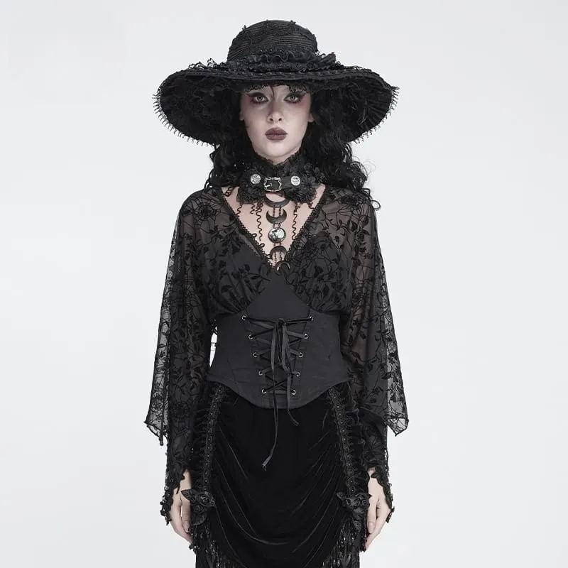 Gothic-Top für Damen mit tiefem V-Ausschnitt, floralem Mesh-Einsatz und Glockenärmeln