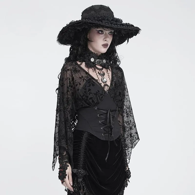 Gothic-Top für Damen mit tiefem V-Ausschnitt, floralem Mesh-Einsatz und Glockenärmeln