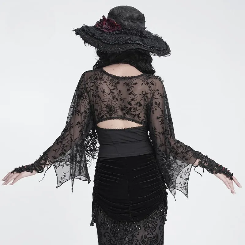 Gothic-Top für Damen mit tiefem V-Ausschnitt, floralem Mesh-Einsatz und Glockenärmeln