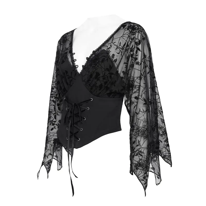 Gothic-Top für Damen mit tiefem V-Ausschnitt, floralem Mesh-Einsatz und Glockenärmeln