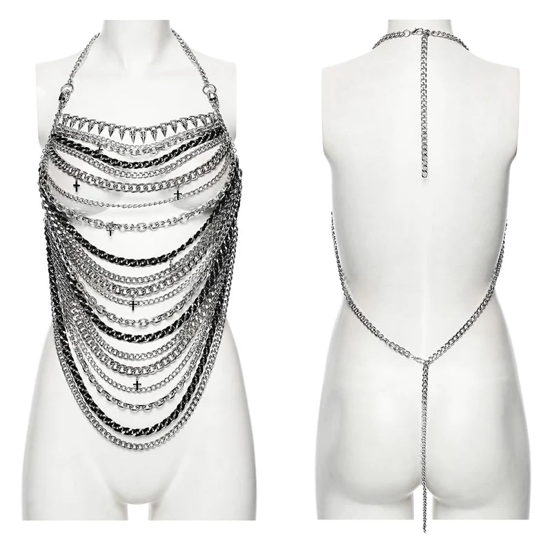 Gothic-Körpergeschirr für Damen mit mehrlagiger Kette und gekreuztem Neckholder