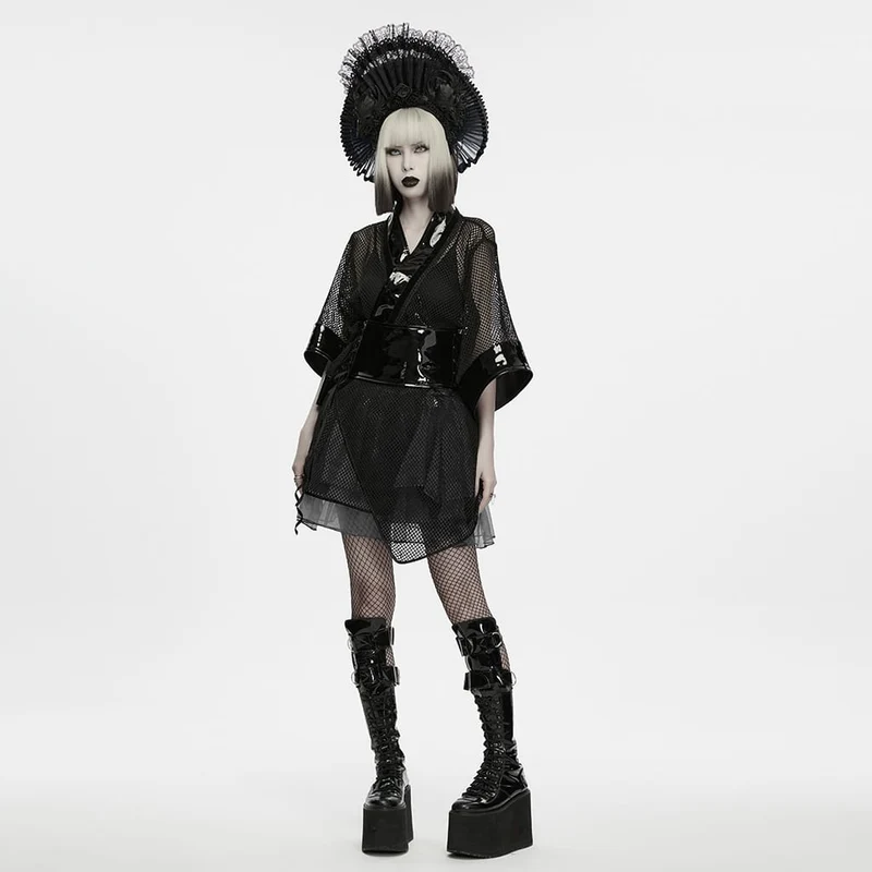 Gothic-Kimono für Damen mit Schleife, Lacklederbesatz und Netzmuster