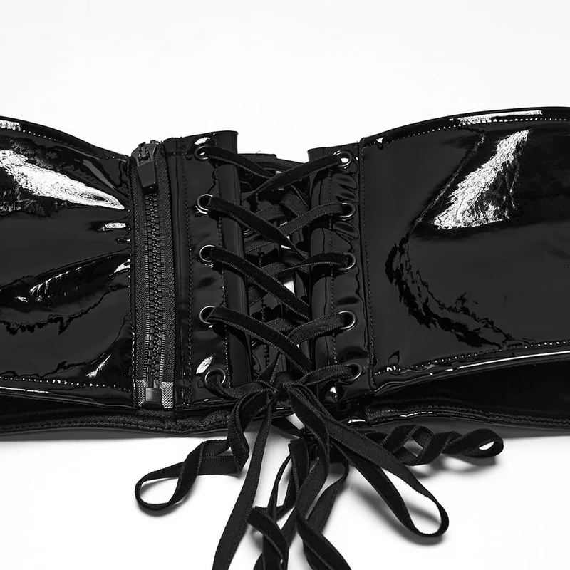Gothic-Kimono für Damen mit Schleife, Lacklederbesatz und Netzmuster