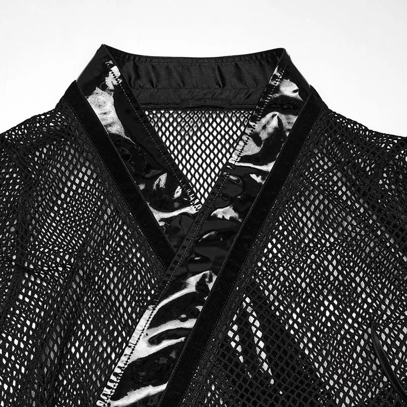 Gothic-Kimono für Damen mit Schleife, Lacklederbesatz und Netzmuster