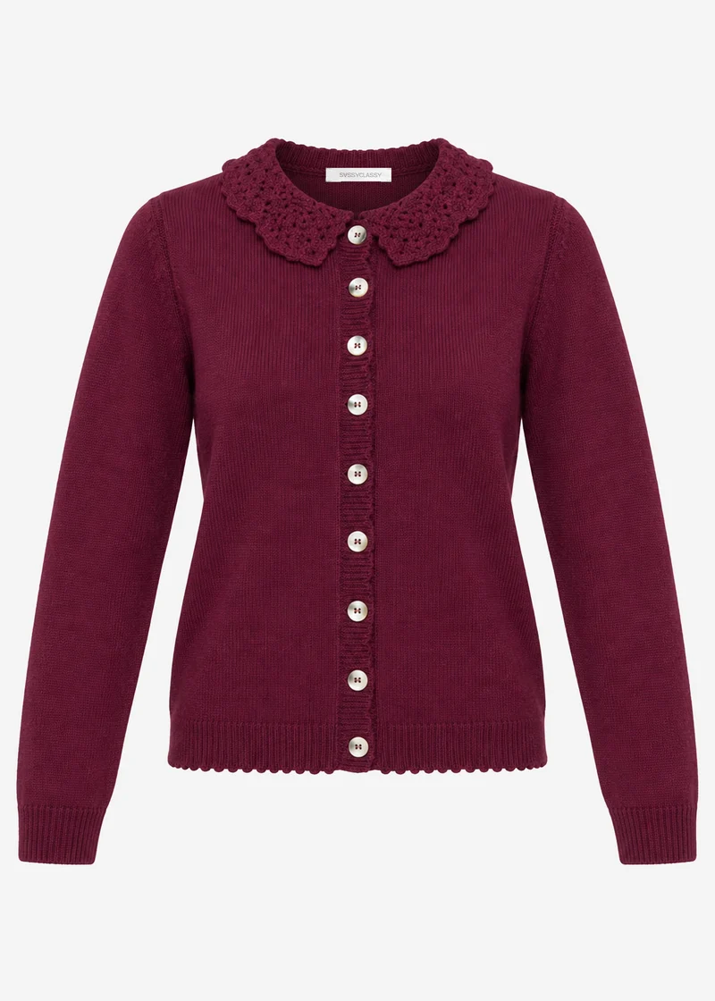 Strickjacke mit Häkelkragen - burgundy