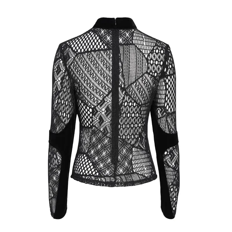 Gothic-Mesh-Schnürtop für Damen mit Stehkragen und langen Ärmeln