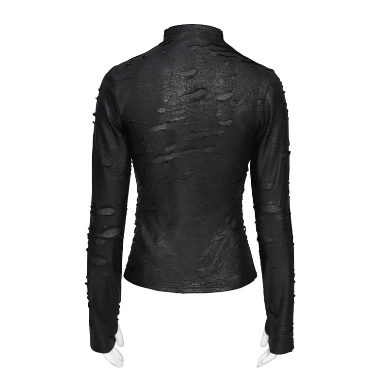 Punk-Langarmshirt für Damen im Used-Look mit Stehkragen
