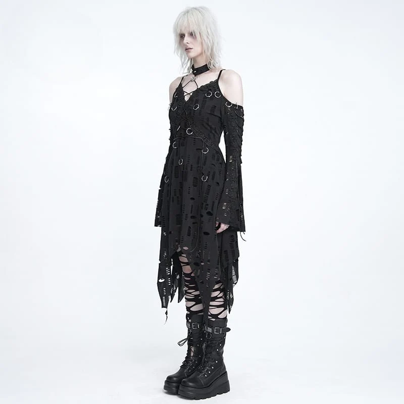 Punk-Kleid für Damen mit Ringen, zerrissenem, unregelmäßigem Saum und schulterfreiem Schnitt – Abschlusskleid