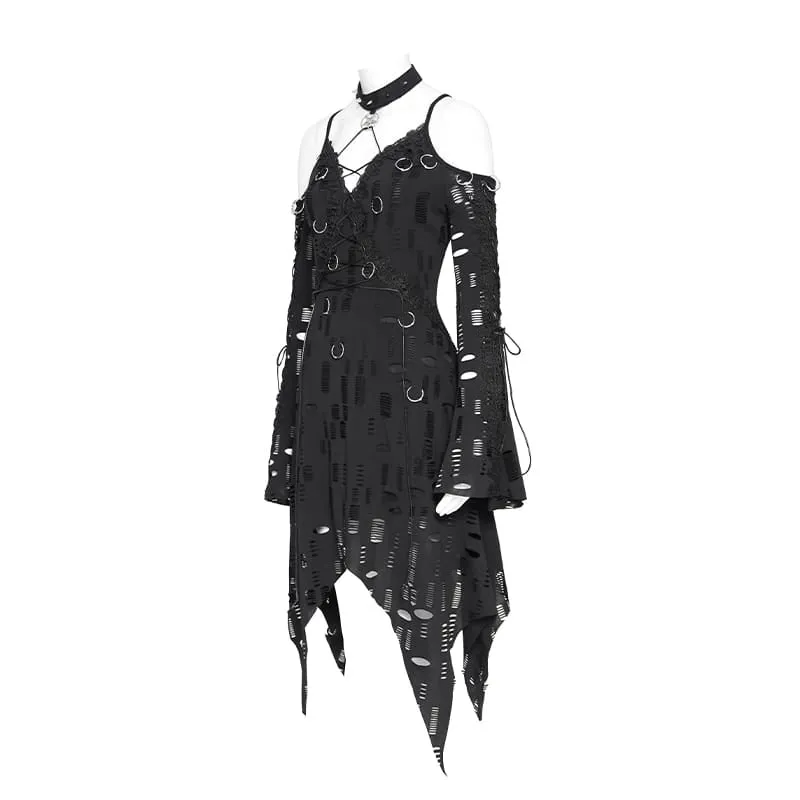 Punk-Kleid für Damen mit Ringen, zerrissenem, unregelmäßigem Saum und schulterfreiem Schnitt – Abschlusskleid