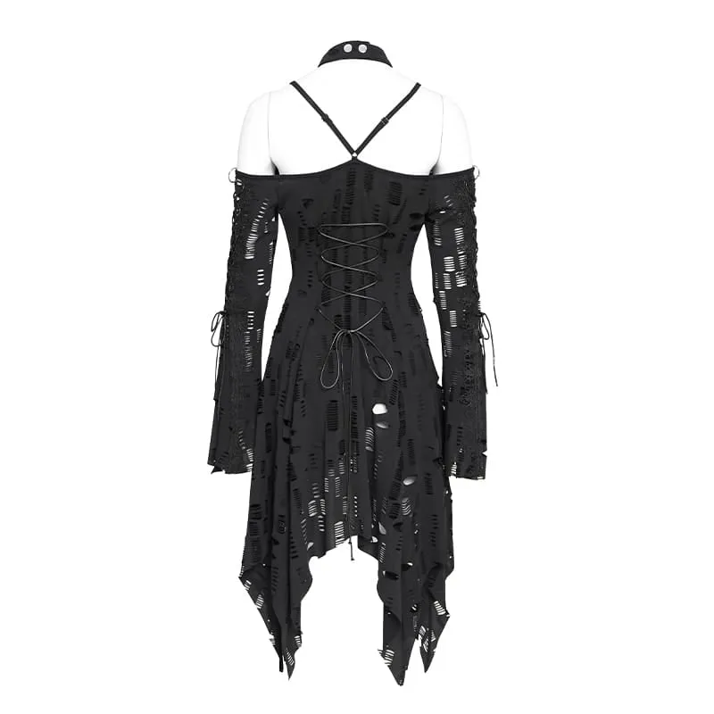 Punk-Kleid für Damen mit Ringen, zerrissenem, unregelmäßigem Saum und schulterfreiem Schnitt – Abschlusskleid