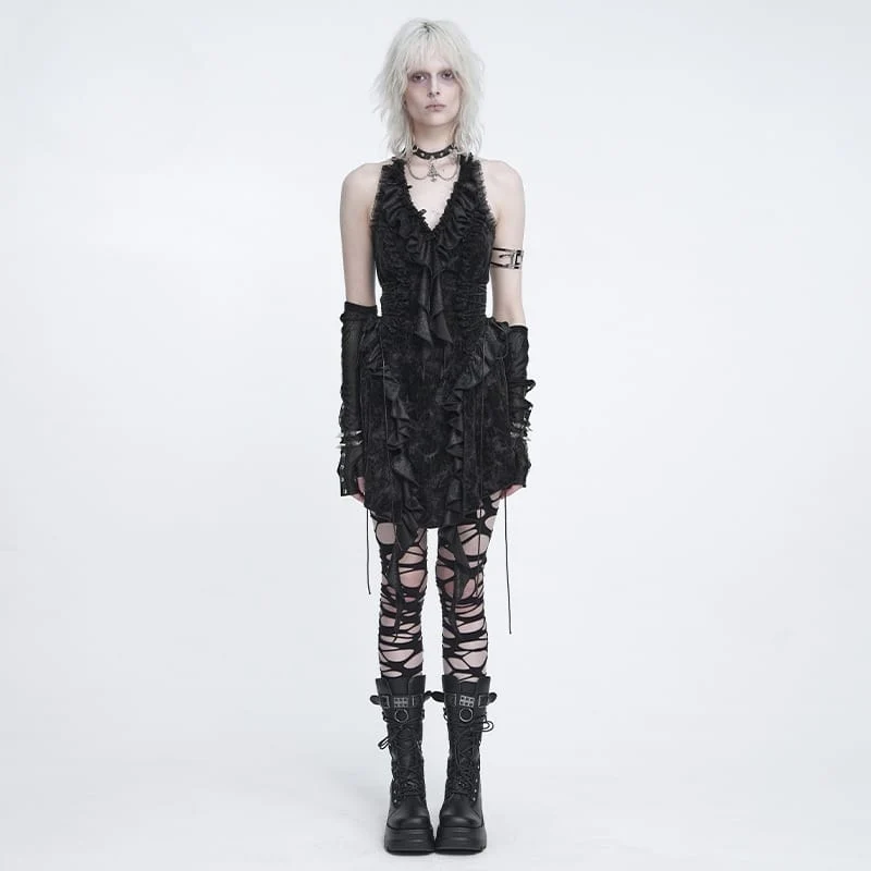 Gothic-Rüschenkleid für Damen mit tiefem V-Ausschnitt und Neckholder
