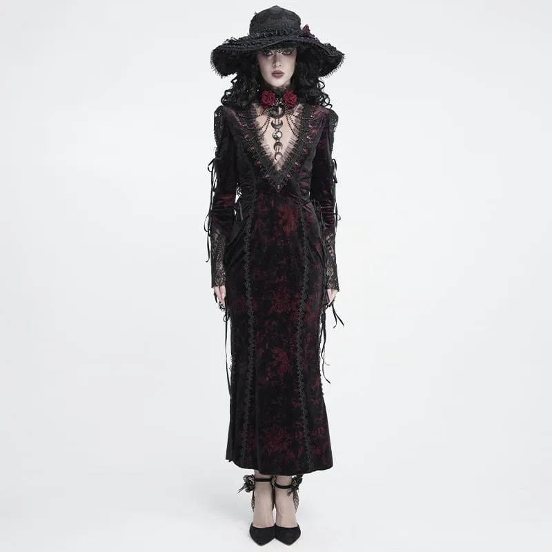 Gothic-Samtkleid für Damen mit tiefem V-Ausschnitt, Spitze und langen Ärmeln, Hochzeitskleid, Schwarz-Rot