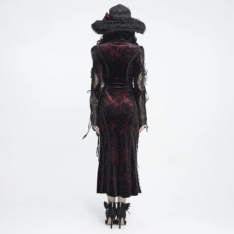 Gothic-Samtkleid für Damen mit tiefem V-Ausschnitt, Spitze und langen Ärmeln, Hochzeitskleid, Schwarz-Rot