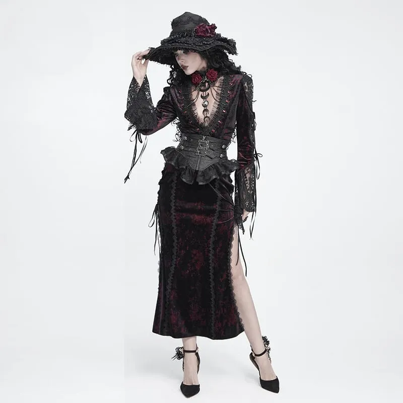 Gothic-Samtkleid für Damen mit tiefem V-Ausschnitt, Spitze und langen Ärmeln, Hochzeitskleid, Schwarz-Rot