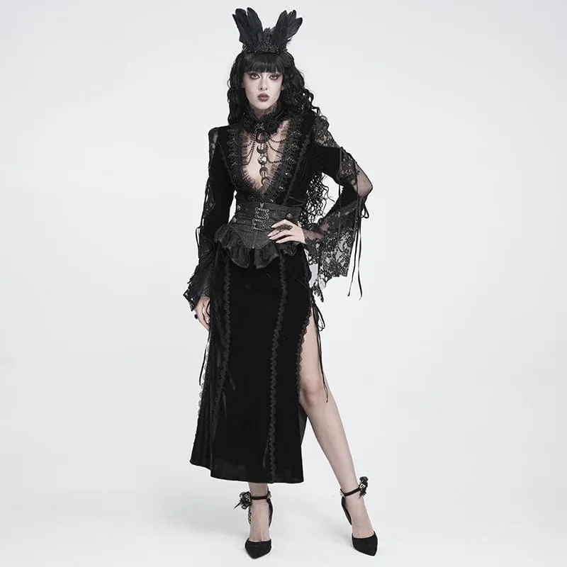 Schwarzes Gothic-Samtkleid für Damen mit tiefem V-Ausschnitt, Spitze und langen Ärmeln – ideal als Hochzeitskleid.