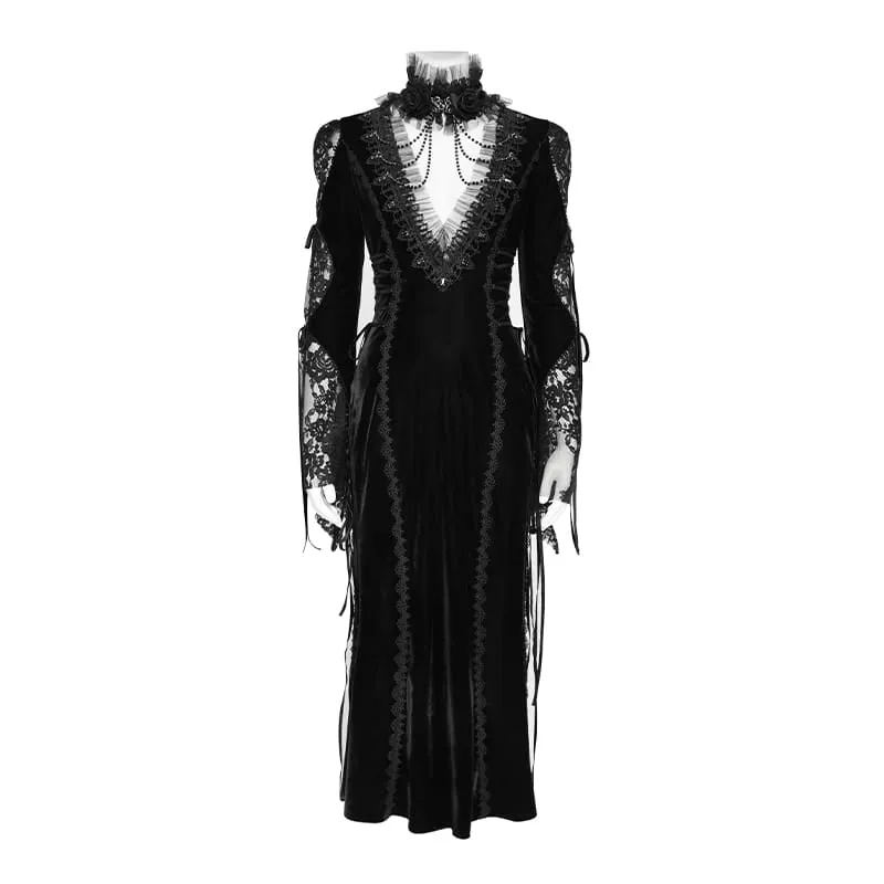 Schwarzes Gothic-Samtkleid für Damen mit tiefem V-Ausschnitt, Spitze und langen Ärmeln – ideal als Hochzeitskleid.