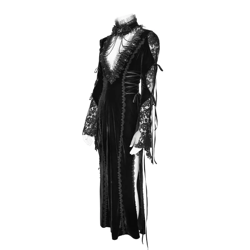 Schwarzes Gothic-Samtkleid für Damen mit tiefem V-Ausschnitt, Spitze und langen Ärmeln – ideal als Hochzeitskleid.