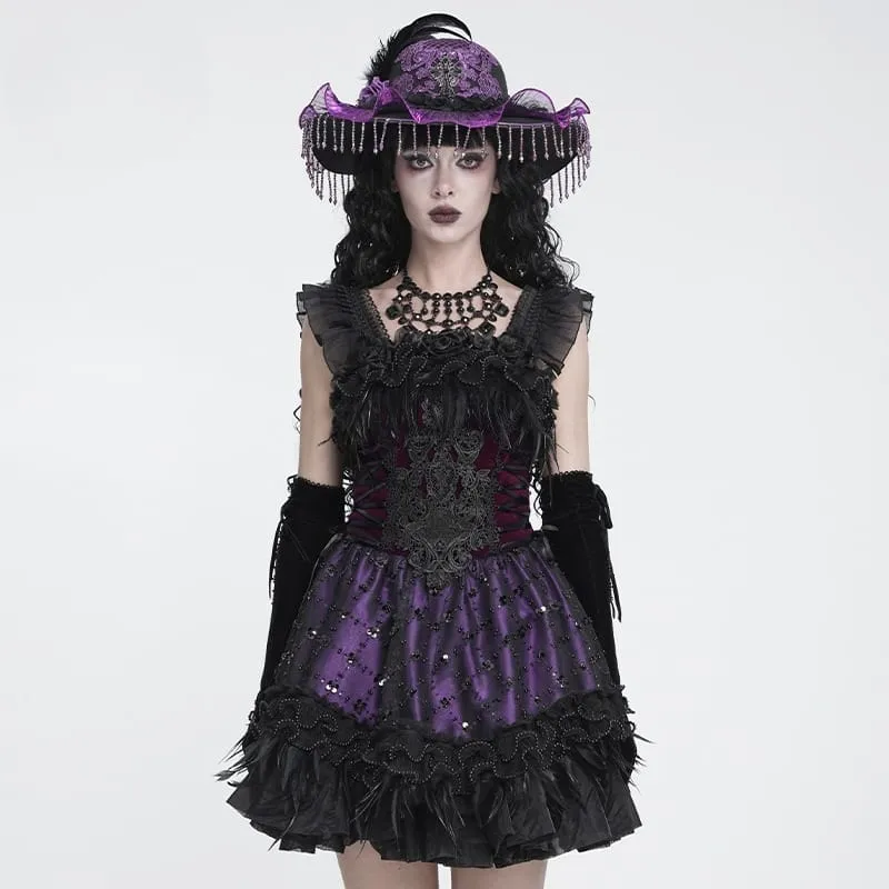 Gothic-Schnürkleid mit Federbesatz, Stickerei, schwarz-lila, Abschlusskleid