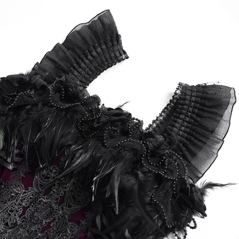 Gothic-Schnürkleid mit Federbesatz, Stickerei, schwarz-lila, Abschlusskleid