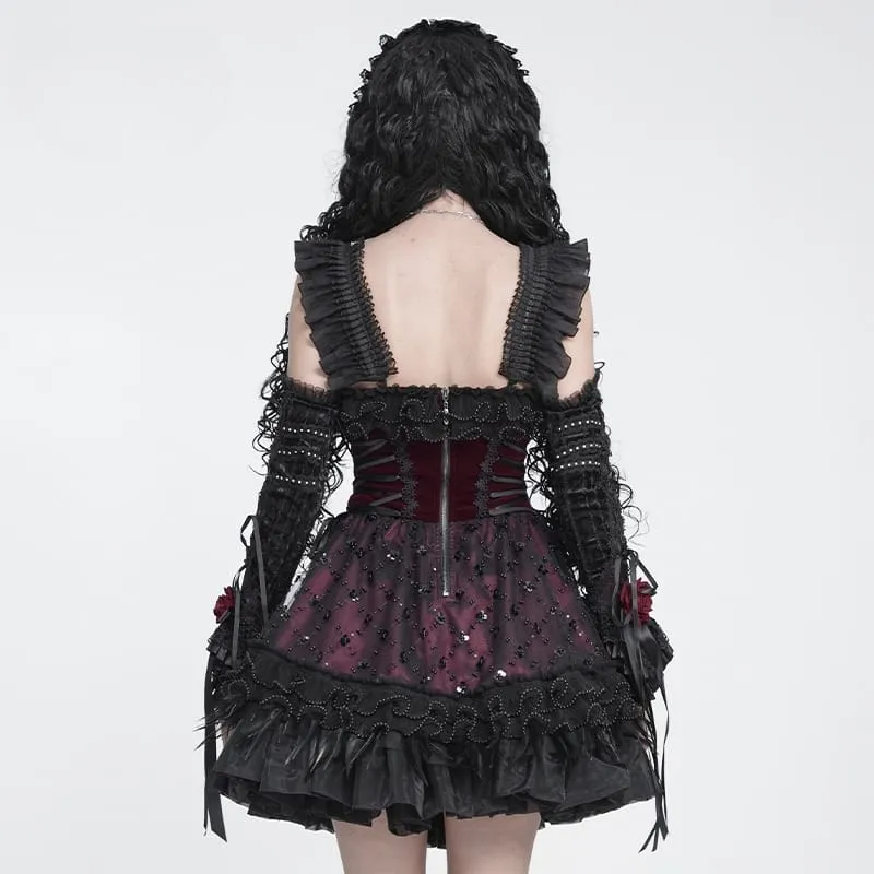 Gothic-Schnürkleid mit Federbesatz und Stickerei, schwarz-rot, ideal für Abschlussfeiern