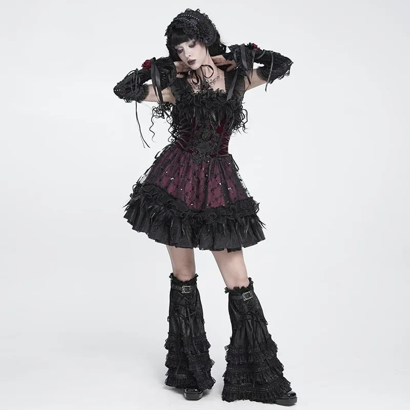 Gothic-Schnürkleid mit Federbesatz und Stickerei, schwarz-rot, ideal für Abschlussfeiern