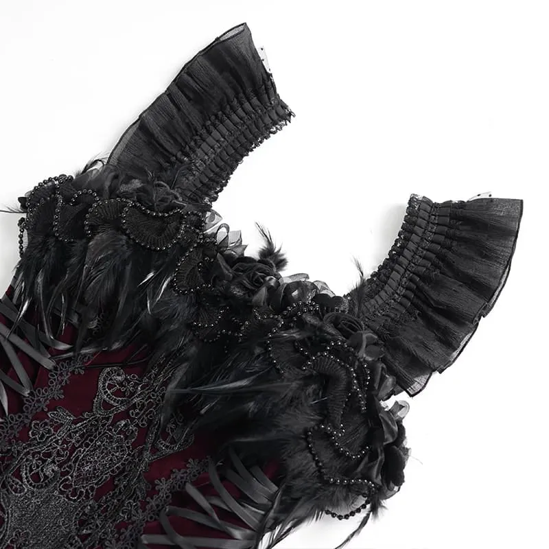 Gothic-Schnürkleid mit Federbesatz und Stickerei, schwarz-rot, ideal für Abschlussfeiern