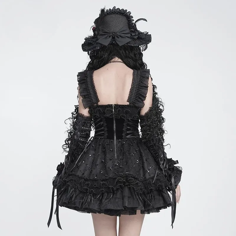 Schwarzes, gotisches Damen-Unterkleid mit Schnürung, Stickerei und Federbesatz, ideal für Abschlussfeiern.