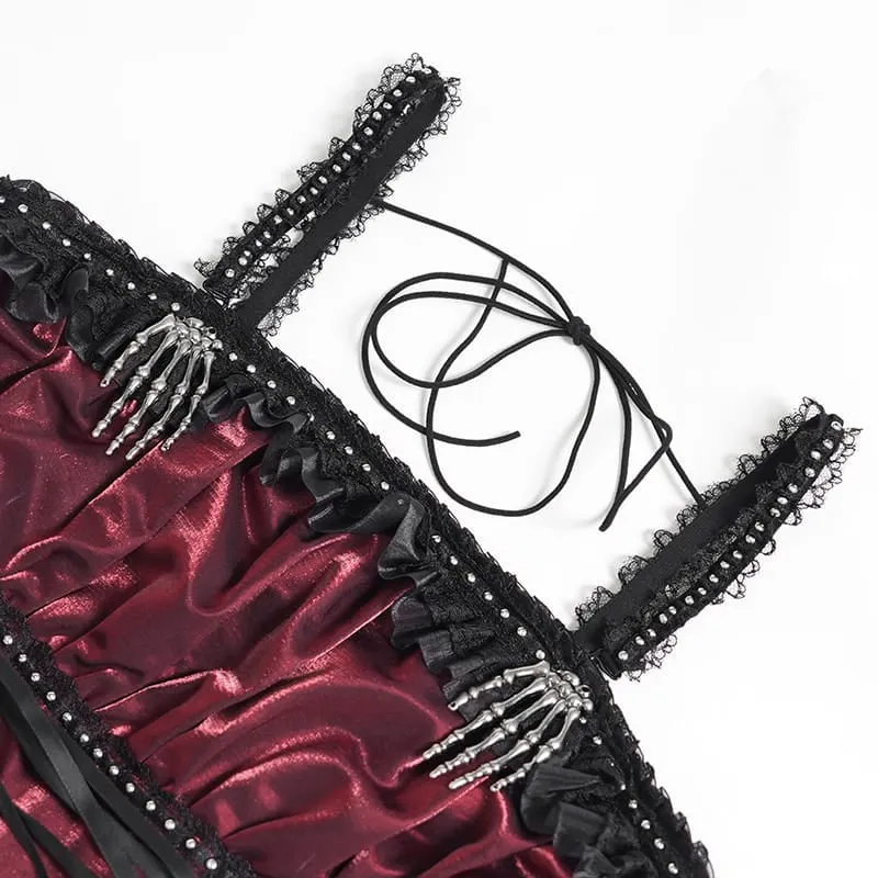 Gothic-Schnürkleid mit Kettenverzierungen, Raffungen und unregelmäßigem Saum, Brautkleid, Schwarz-Rot