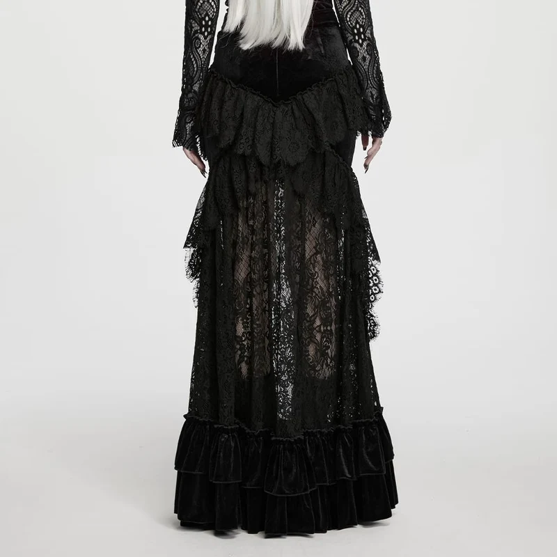 Gothic-Maxirock aus Samt und Spitze mit mehreren Lagen und Rüschen für Damen