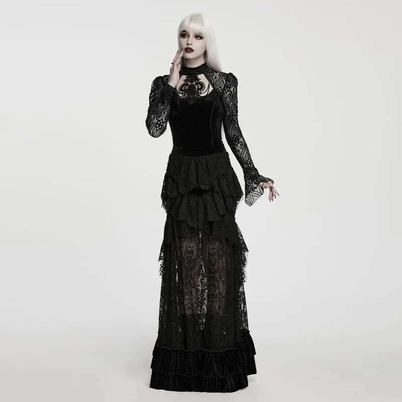 Gothic-Maxirock aus Samt und Spitze mit mehreren Lagen und Rüschen für Damen