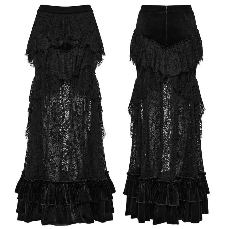 Gothic-Maxirock aus Samt und Spitze mit mehreren Lagen und Rüschen für Damen
