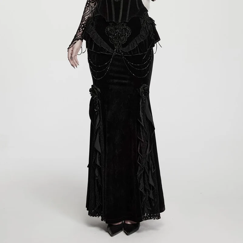 Gothic-Maxirock aus Jacquard-Samt für Damen mit Stickereien, Perlenbesatz und Rüschen.