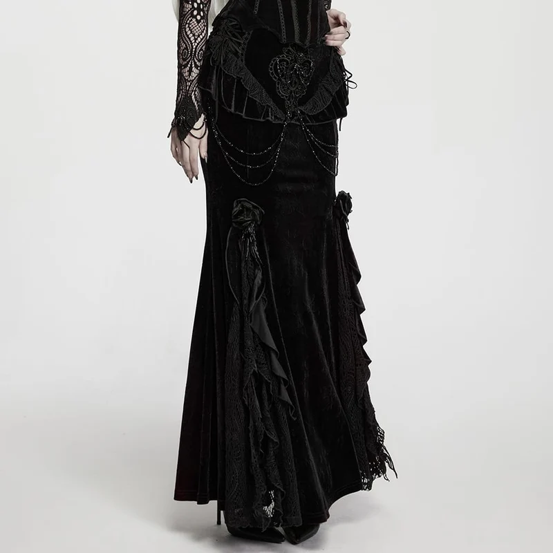 Gothic-Maxirock aus Jacquard-Samt für Damen mit Stickereien, Perlenbesatz und Rüschen.
