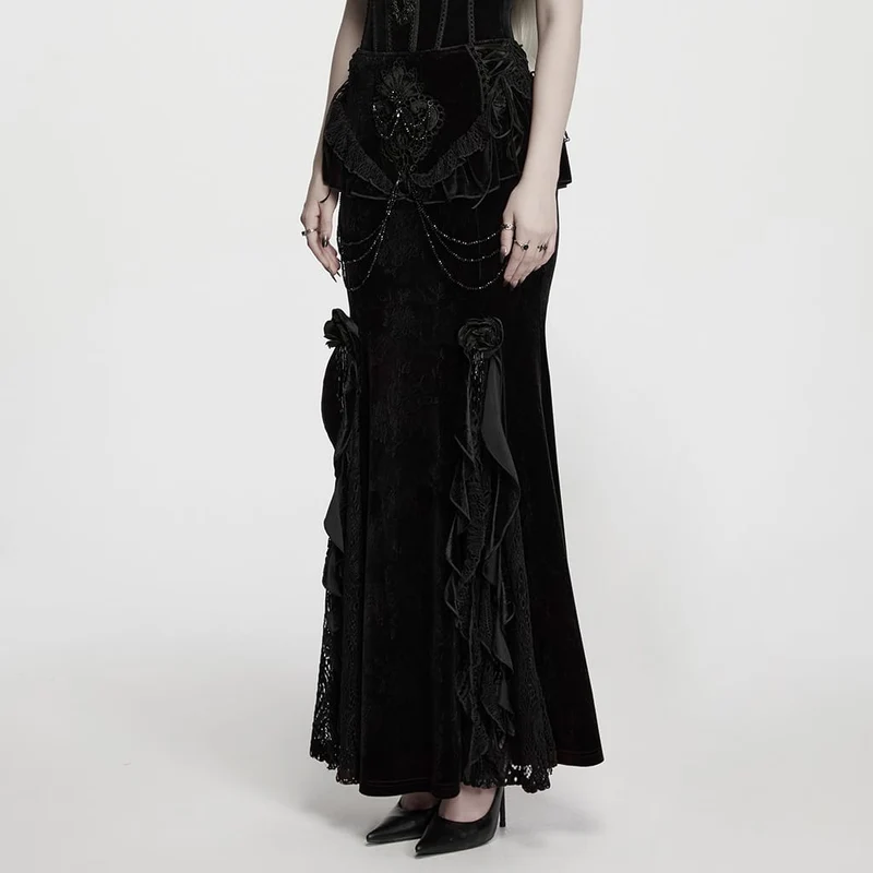 Gothic-Maxirock aus Jacquard-Samt für Damen mit Stickereien, Perlenbesatz und Rüschen.