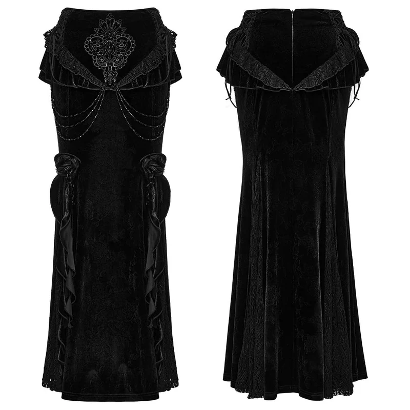 Gothic-Maxirock aus Jacquard-Samt für Damen mit Stickereien, Perlenbesatz und Rüschen.