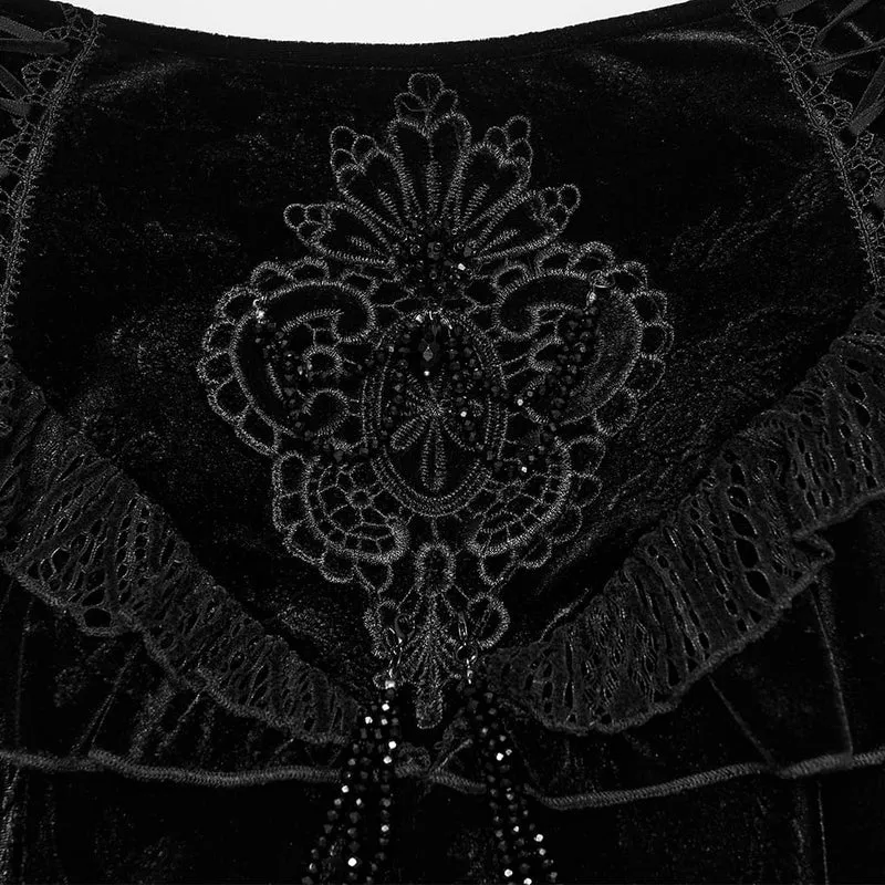 Gothic-Maxirock aus Jacquard-Samt für Damen mit Stickereien, Perlenbesatz und Rüschen.