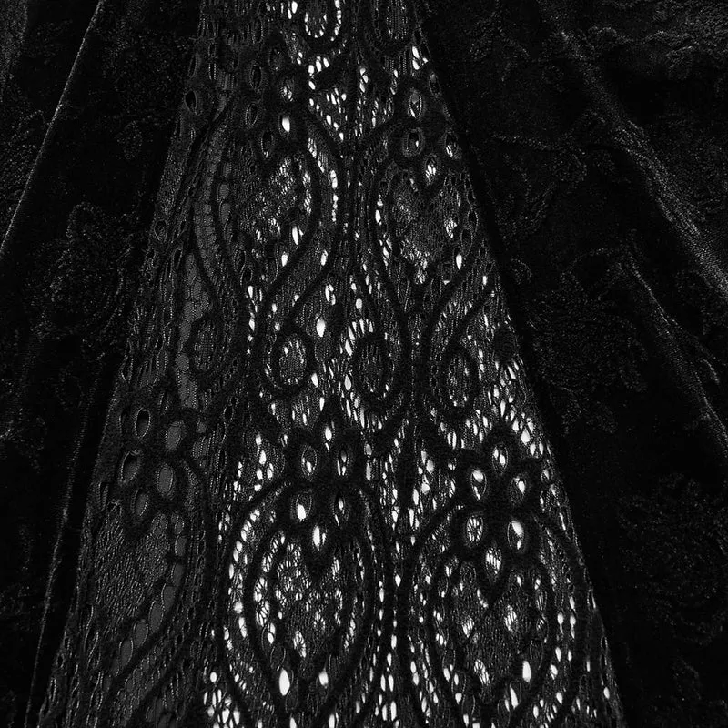 Gothic-Maxirock aus Jacquard-Samt für Damen mit Stickereien, Perlenbesatz und Rüschen.