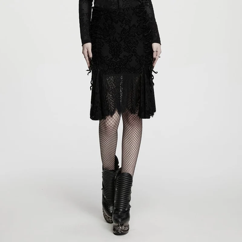 Gothic-Midirock mit Schnürung und Blumenmuster für Damen