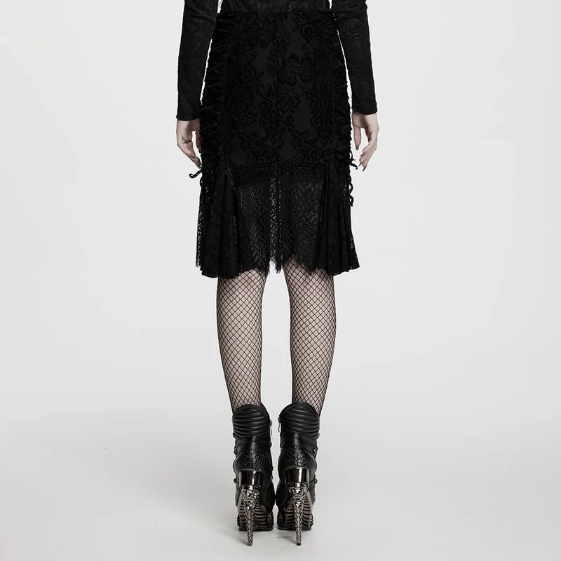 Gothic-Midirock mit Schnürung und Blumenmuster für Damen