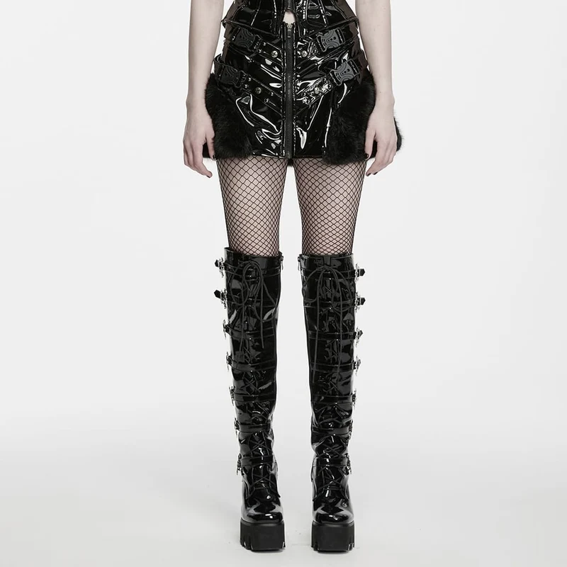 Punk-Minirock für Damen mit Nietenriemen und Kunstpelzbesatz
