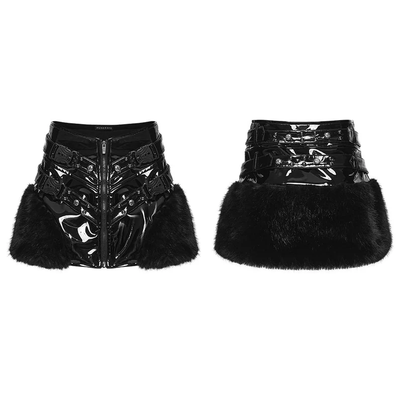 Punk-Minirock für Damen mit Nietenriemen und Kunstpelzbesatz