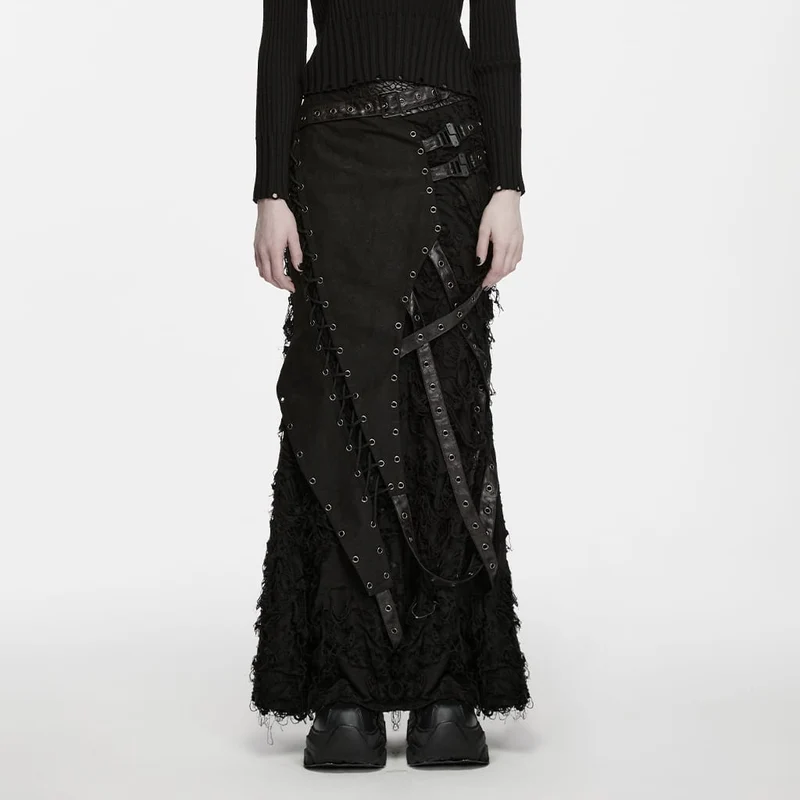 Punk-Maxirock für Damen, asymmetrisch, mit Ösen und Schnürung im Used-Look