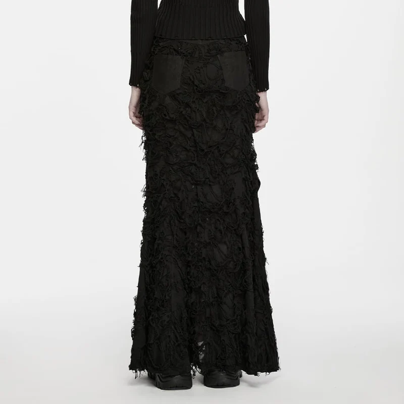 Punk-Maxirock für Damen, asymmetrisch, mit Ösen und Schnürung im Used-Look