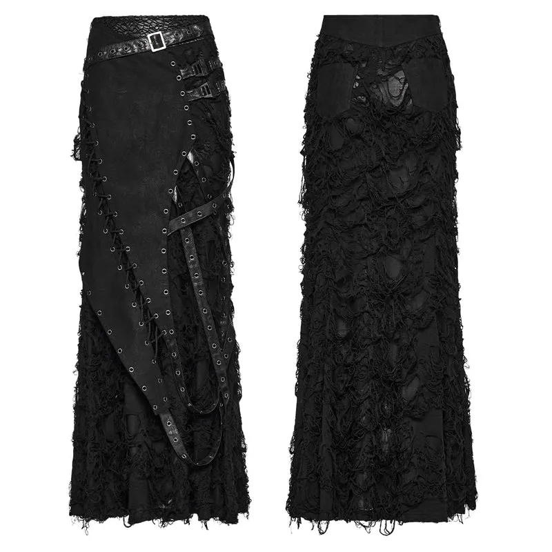 Punk-Maxirock für Damen, asymmetrisch, mit Ösen und Schnürung im Used-Look