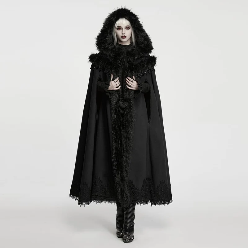 Gothic-Umhang für Damen mit Perlen- und Quastenbesatz sowie Kunstpelzbesatz und Kapuze