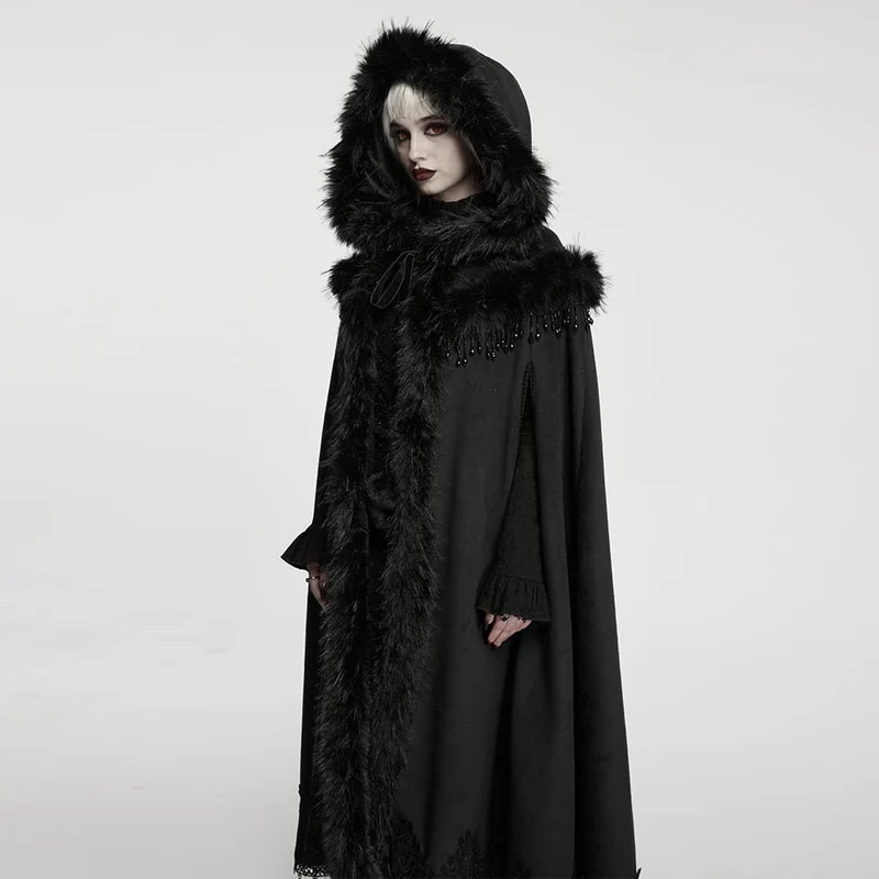 Gothic-Umhang für Damen mit Perlen- und Quastenbesatz sowie Kunstpelzbesatz und Kapuze