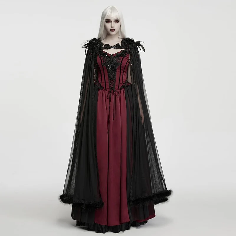 Gothic-Umhang für Damen mit Feder- und Perlenapplikationen aus Netzstoff